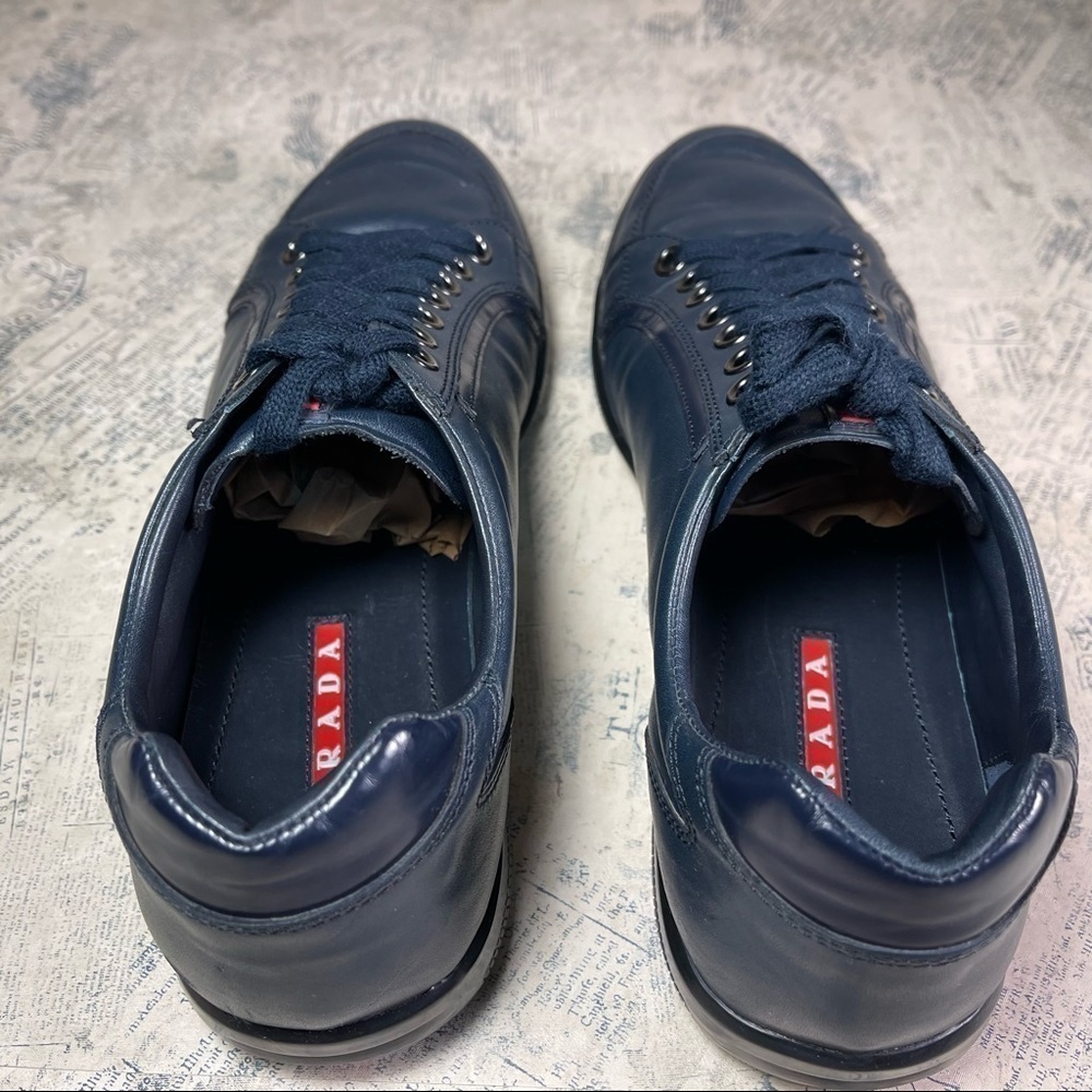 PRADA Navy Blue Calfskin Leather Low Top Sneakers Size 8 Made in Italy - Picture 6 of 13